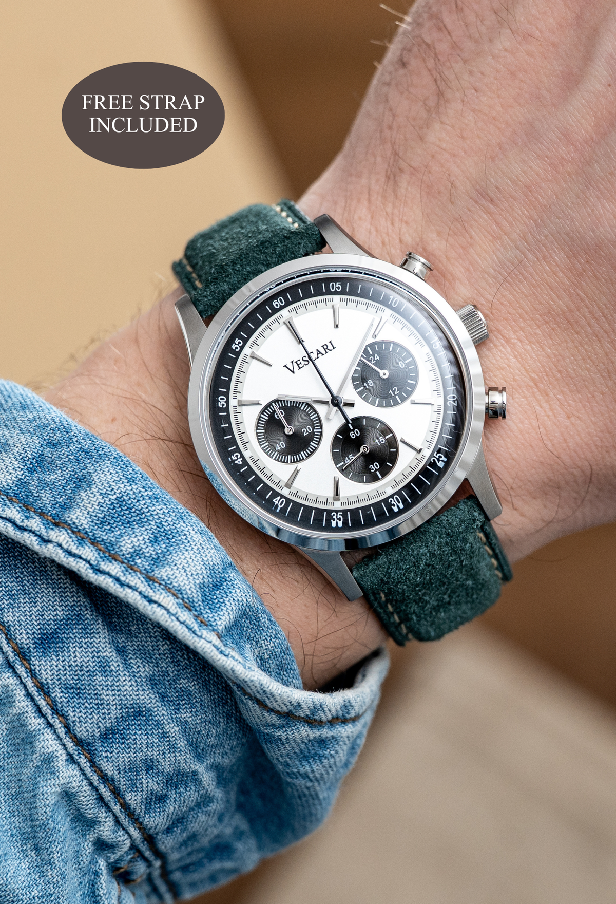 Vescari Chestor Panda Limited Edition chronograph with white dial and black subdials on green suede strap - front view
