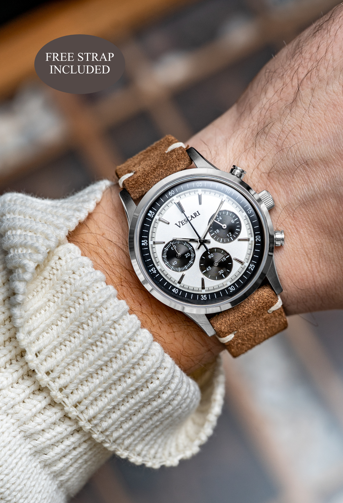 Vescari Chestor Panda Limited Edition chronograph with white dial and black subdials on light brown suede strap - front view