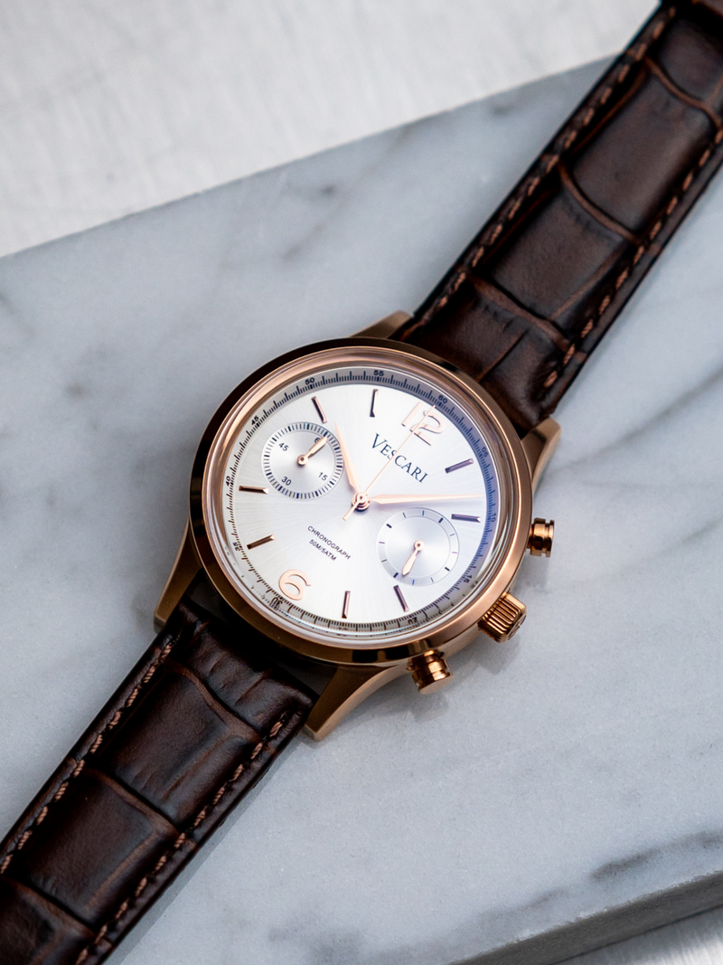 The Chestor Rosegold/Silver - Brown Leather