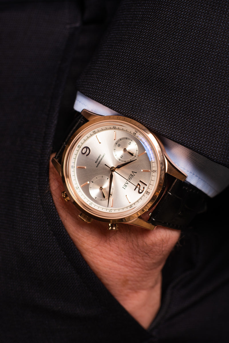 The Chestor Rosegold/Silver - Black Leather